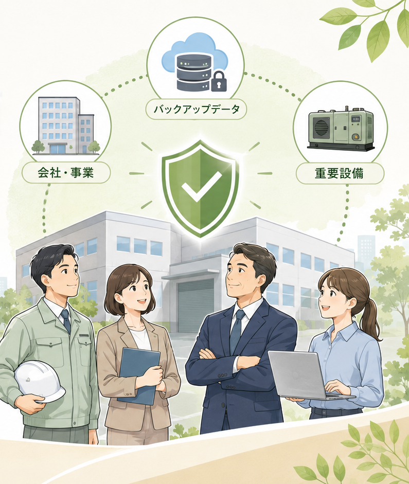 会社・バックアップデータ・重要設備を守る事業継続対策のイメージ